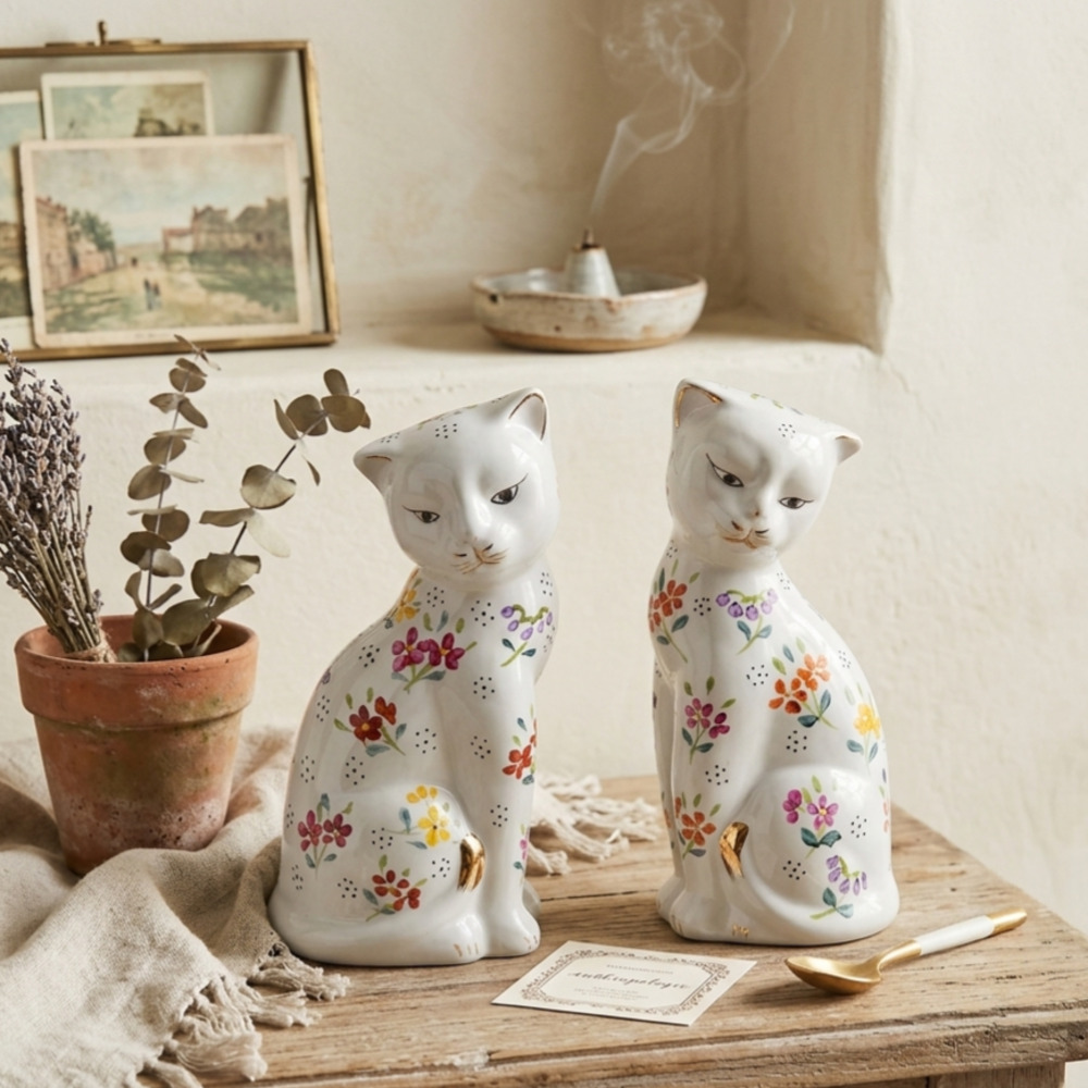 Vintage Pair of White Floral Cat Figurines | 1970s/80s Hand Painted Ceramic